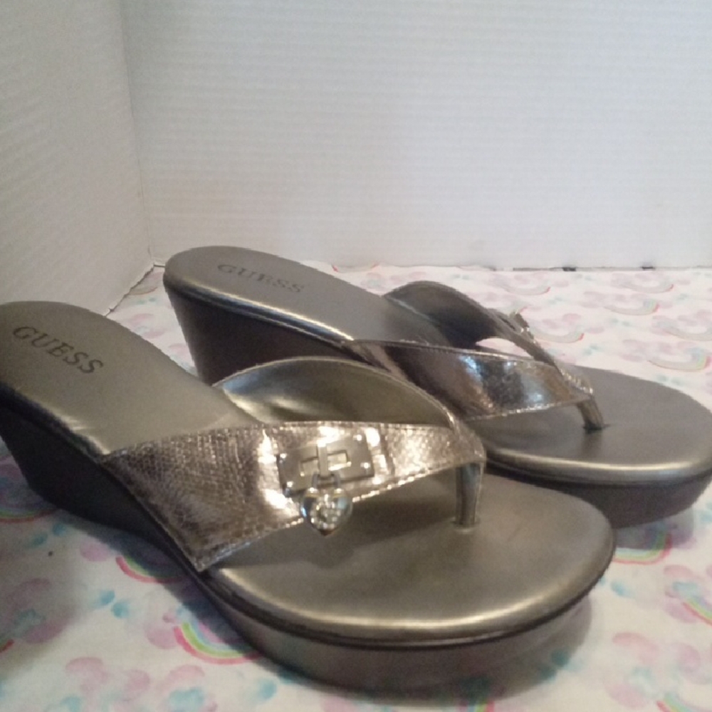 Guess Silver Wedge Sandals with Metallic Shine